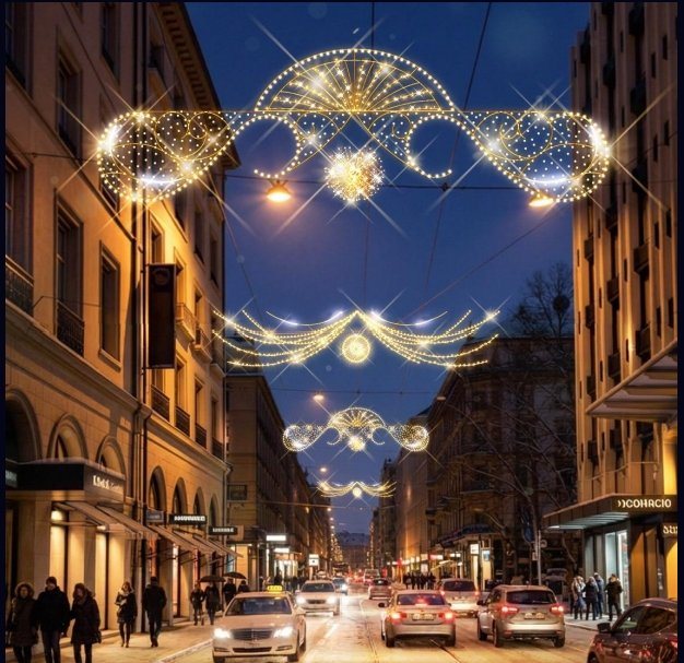 Simulation des illuminations de fin d'année suspendues au-dessus de la Rue du Rhône, de nuit
